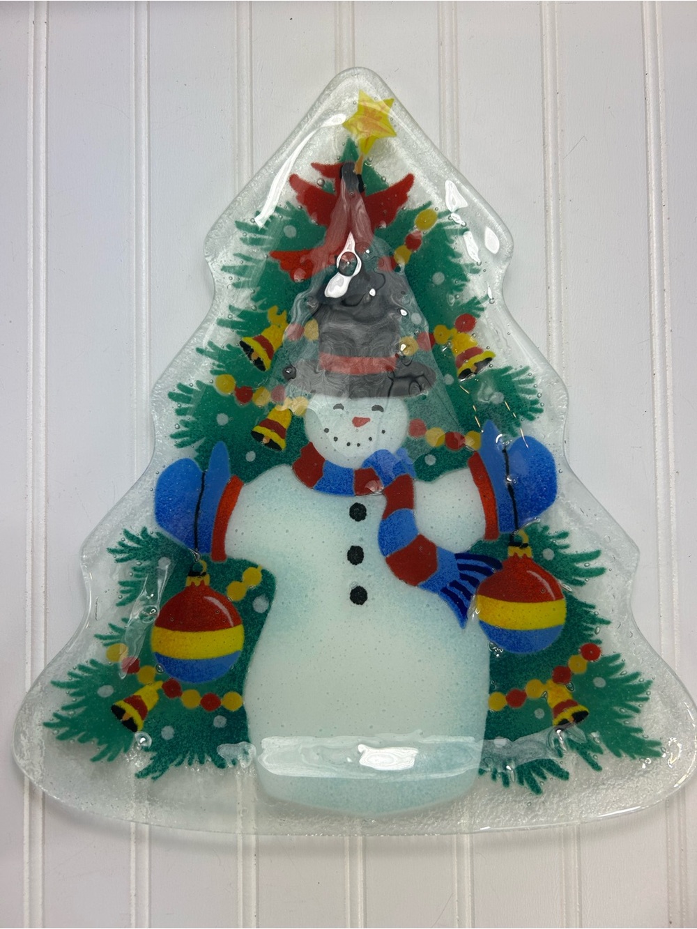 Peggy Karr Plate Festive Snowman Tree Fused Glass White Green Christmas 14x12